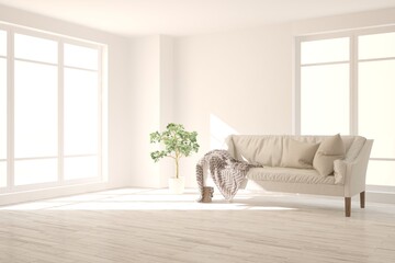 White living room with sofa. Scandinavian interior design. 3D illustration