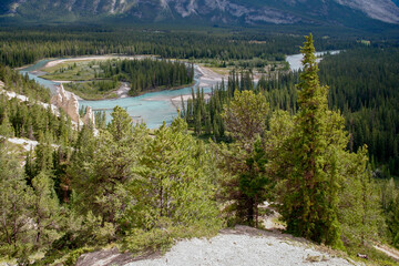 Scenic view of the Bow River and the Hoodoos near Banff in Alberta