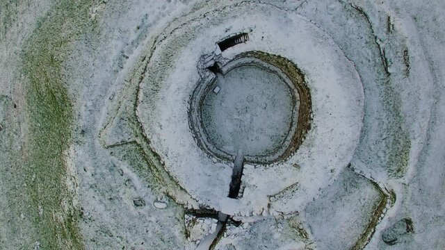 Aerial view of Iron Age Cairn Laith Broch on the coast of the Moray Firth in Sutherland Scotland UK