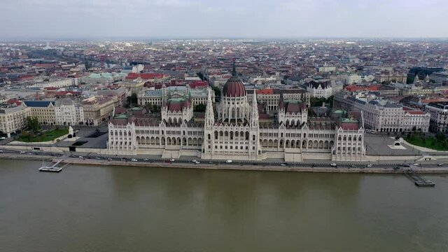 Parliament building in Budapest drone view , summer