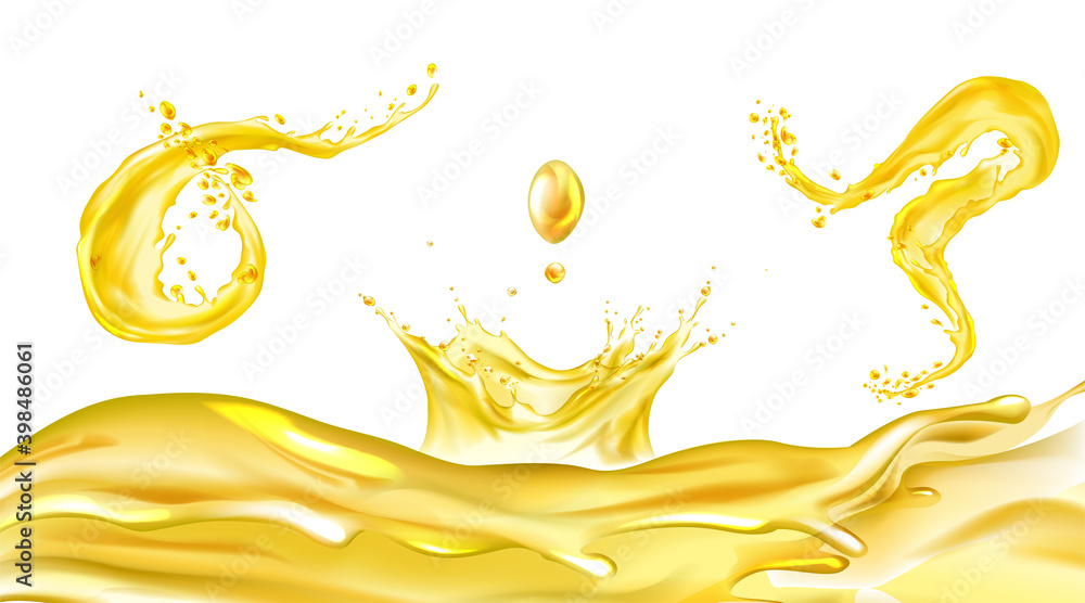 Wall mural oil splash set. yellow river flow. fuel drops. gold liquid crown. macro drip cream. realistic splash