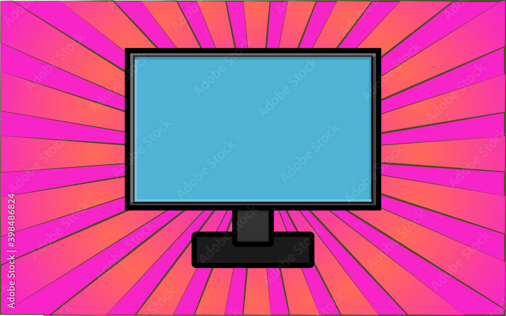 Poster modern digital computer monitor on a background of abstract purple rays. illustration