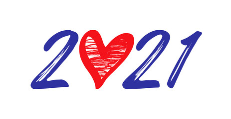 2021 A Happy New Year congrats concept. Logotype in brushing style. White backdrop. Abstract isolated graphic design template. Decorative banner. Writing stylized love digits. Creative web decoration.