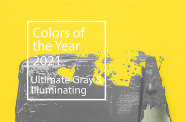Colors of the year 2021 Ultimate Gray and Illuminating background.  Ultimate gray paint on yellow illuminating background.