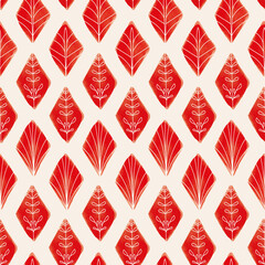 Vector red rhombus leaves ecru seamless pattern