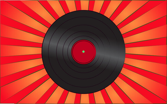 Retro old antique hipster musical vinyl record from the 70s, 80s, 90s, 2000s against a background of abstract red rays. illustration