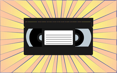 Retro old antique video cassette from the 70s, 80s, 90s, 2000s against a background of abstract yellow rays. illustration
