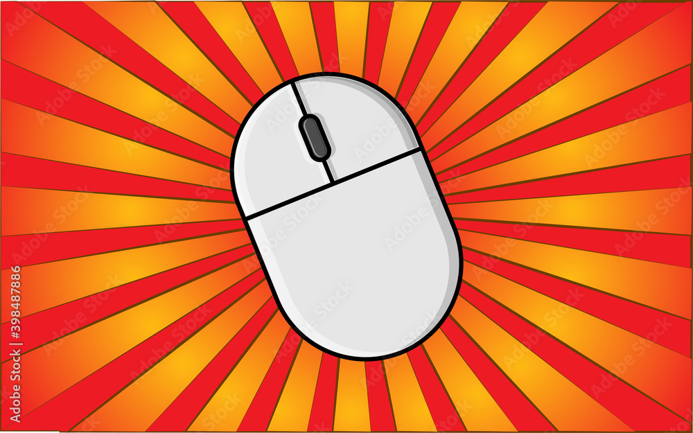 Poster modern wireless computer mouse for the internet on a background of abstract red rays. illustration