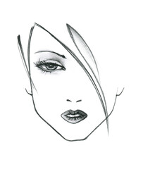 Different shape of the woman's face, eyes and lips. Fashion illustration of a slate pencil. Isolated on white background