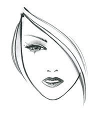 Different shape of the woman's face, eyes and lips. Fashion illustration of a slate pencil. Isolated on white background