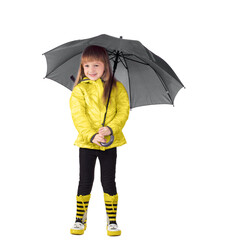 Little girl with a gray umbrella in a yellow jacket.