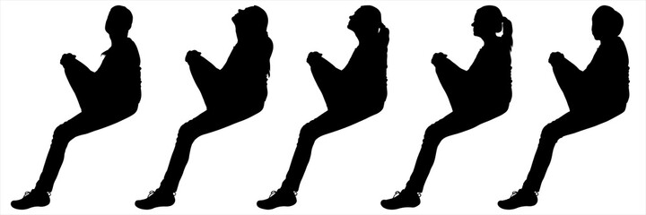 Girl is sitting: one leg down, the other one bent in the knee. Woman is resting, sitting on a slope. Hiker looks up, down, sideways. Five black female silhouettes are isolated on a white background.