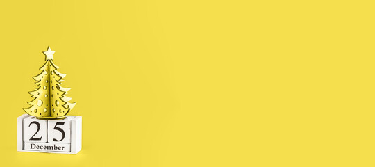 Christmas tree in trendy 2021 new colors. Merry Christmas and Happy New Year greeting card with copy space. Winter holiday concept. Illuminating Yellow color of the Year 2021. Long wide banner.