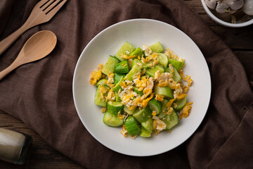 Stir-Fried Cucumber and Egg with Oyster sauce.Top view.