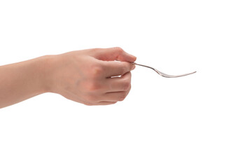 Fork in woman hand isolated on white.