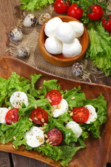 Mozzarella with leaf salad, cherry on a wooden table