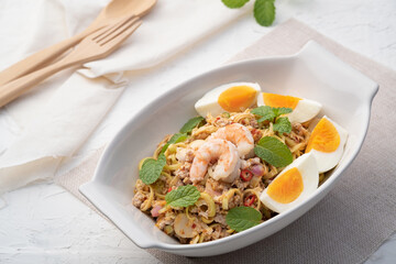 Spicy Thai Banana Blossom Salad with shrimp minced pork and boiled egg (Yum Hua Plee).