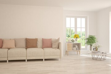 White living room with sofa and summer landscape in window. Scandinavian interior design. 3D illustration