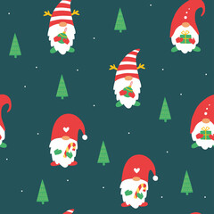 Seamless pattern with Christmas gnomes. Vector xmas illustration. New Year seamless texture for fabric, wallpaper or wrapping paper.