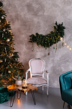 Christmas living room interior with Christmas tree, gifts and lights