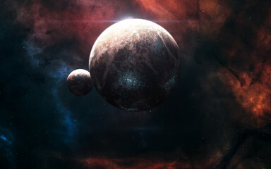 Inhabited planets in background of deep space nebulae. Science fiction. Elements of this image...
