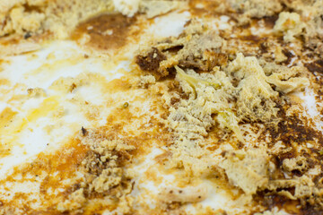 Dirty pan with fried leftovers. Unhealthy food. Damaged kitchenware. .