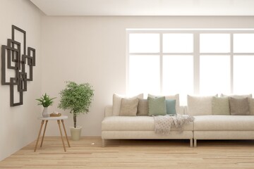 White living room with sofa. Scandinavian interior design. 3D illustration