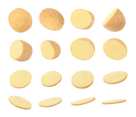 Set of whole raw potato and slices isolated on white background
