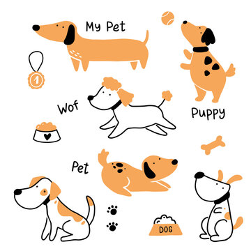 Set of cute puppy dog pet. Happy and funny dog collection. Cartoon animal character illustration.