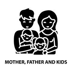 mother, father and kids icon, black vector sign with editable strokes, concept illustration
