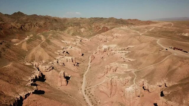 Drone footage of beautiful sandstone canyon in Kazakhstan.