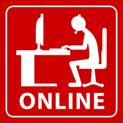 online work concept sign, person sitting, working on personal computer, vector illustration 