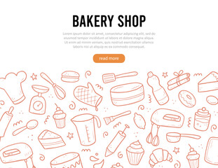 Hand drawn set of baking and cooking tools, mixer, cake, spoon, cupcake, scale. Doodle sketch style. Illustration for bakery site, banner design.