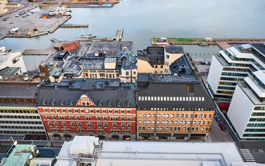 Fototapeta premium Aerial view of the historical buildings in Central Helsinki, Kaartinkaupunki neighborhood and South Harbour, Finland.