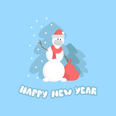 Snowman in a mask with gifts. Snow, Christmas trees, text. New Year. Celebration
