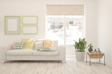 White living room with sofa and winter landscape in window. Scandinavian interior design. 3D illustration