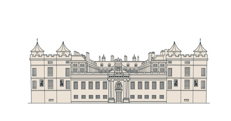 A digital line drawing of the Royal  Palace of Holyroodhouse, Edinburgh, Scotland