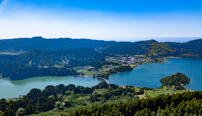 Aerial View landscape over the Twin Lakes of "Sete Cidades Lagoon". São Miguel Island, Azores.