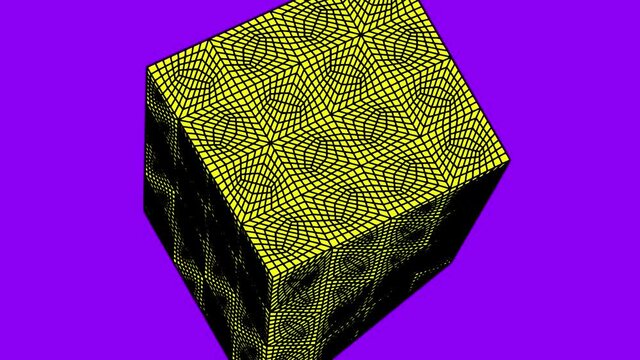 Rotation of complex geometric shape. Yellow object animation on purple background.