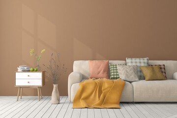 Wall mock up in brown color with modern furniture. Scandinavian interior design. 3D illustration