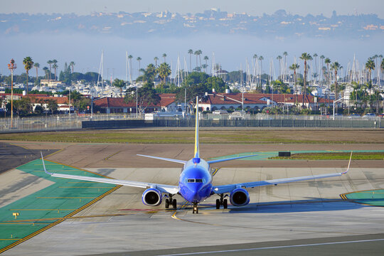 SAN DIEGO, CA -3 JAN 2020- View of a Boeing 737-800 airplane from Southwest Airlines (WN)  getting ready for takeoff the San Diego International Airport (SAN),  formerly known as Lindbergh Field.