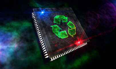 Recycling electro-waste symbol and processor factory 3d illustration