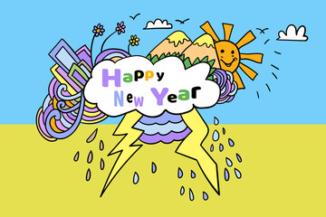 doodle vector happy new year, with mountain and sun shine
