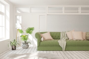 White living room with sofa. Scandinavian interior design. 3D illustration