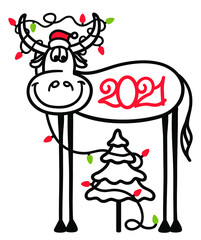 Cute cartoon bull and christmas tree with winter holiday lights decoration. Vector handdrawn black graphic ilustration of symbol of New Year isolated on white.