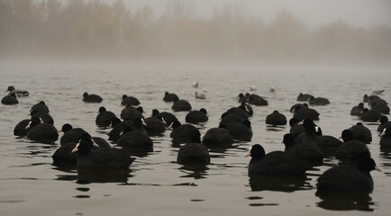 Birds on the lake, in autumn, in a foggy morning in a park in Bucharest