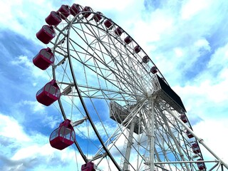 The Ferris wheel rotates in the sky