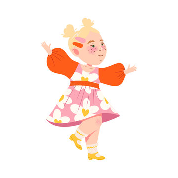 Cute Girl with Blond Hair Dancing and Moving to Music Vector Illustration