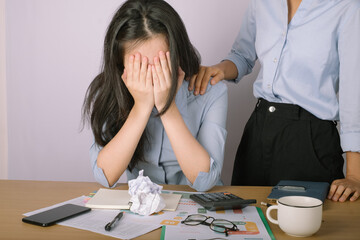 sad depression business woman getting layoff message crying in working office and pretty elegant company colleague girl consolation her.