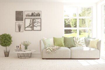 White living room with sofa and summer landscape in window. Scandinavian interior design. 3D illustration